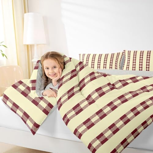 jejeloiu Red Brown Plaid Comforter Set All Season Stripes Bedding Set with 1 Pillow Cases Check Checkered Microfiber Kids Twin Bedclothes Grid Geometric Bedroom Decor Duvet Quilt Breathable Soft