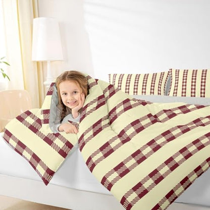 jejeloiu Red Brown Plaid Comforter Set All Season Stripes Bedding Set with 1 Pillow Cases Check Checkered Microfiber Kids Twin Bedclothes Grid Geometric Bedroom Decor Duvet Quilt Breathable Soft
