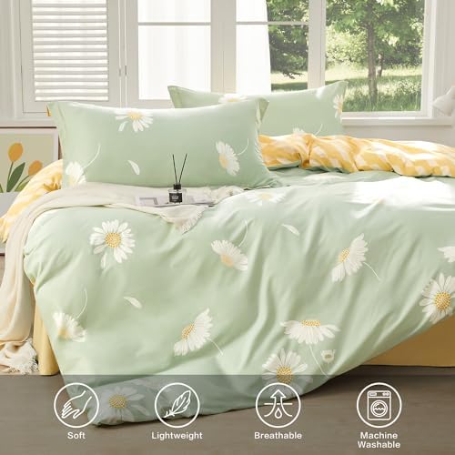 SAPHREAS Green Duvet Cover Set Queen Size 3pcs White Daisy Floral Printed Bedding Comforter Cover Set 100% Cotton 1 Duvet Cover 90"x90" 2 Pillow Shams, Comforter Not Included
