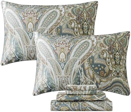 FADFAY Paisley Sheets Set Full Classic Boho Paisley Bedding Luxurious Bohemian Damask Paisley Bed Sheet Set Breathable 100% Egyptian Cotton 800 Thread Count Deep Pocket Fitted Sheet 4Pcs, Full Size