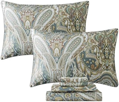 FADFAY Paisley Sheets Set Full Classic Boho Paisley Bedding Luxurious Bohemian Damask Paisley Bed Sheet Set Breathable 100% Egyptian Cotton 800 Thread Count Deep Pocket Fitted Sheet 4Pcs, Full Size