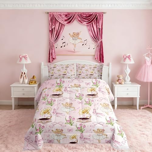 Pink Bowknot Comforter Set Full Size,Ballet Shoe Bow Tie Cute Bear Kids Bedding Set,Music Note Tulip Quilt Comforter,Princess Duvet Insert,2 Pillowcases