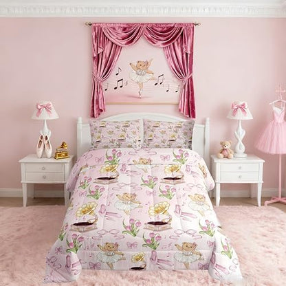 Pink Bowknot Kids Bedding Set King Size,Ballet Shoe Bow Tie Cute Bear Comforter Set，Music Note Tulip Quilt Comforter,Princess Bedroom Duvet Insert,2 Pillowcases