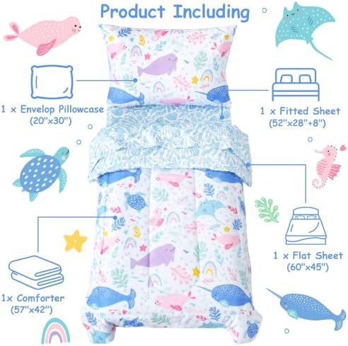 Mooreeke Toddler Bedding Sets for Girls,4 Pieces Blue Ocean Animals Printed
