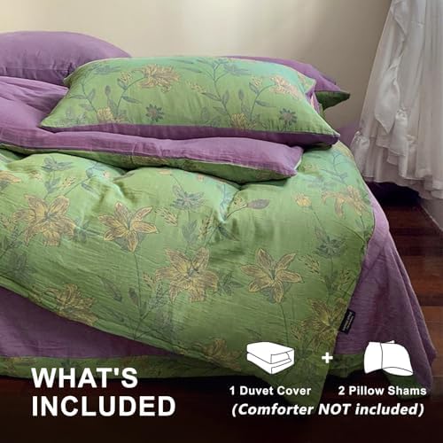 VM VOUGEMARKET Retro Flower Duvet Cover King,3Pcs Yarn-Dyed French Linen Jacquard Duvet Cover Set Mint Green Purple Bedding Set for Girls Women Without Comforter