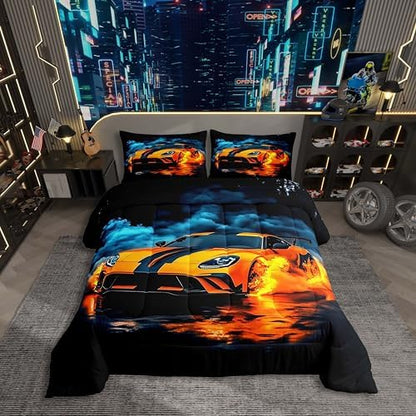 Kids Boys Race Car Comforter Set Queen Size,Orange Sports Car Bedding Sets for Teens Racing Cars Cool Sports Game Duvet Set Modern Race Cars Room Decor for Boys,Luxury Soft All Season,Black Blue