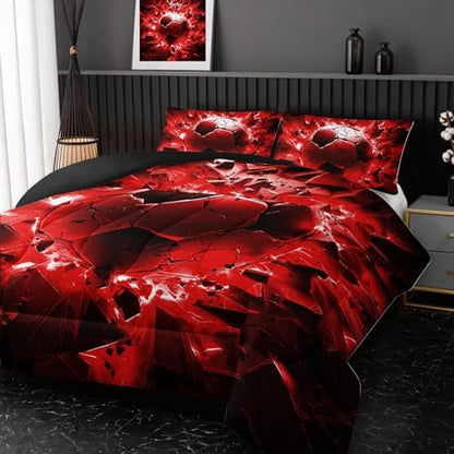 Nttopship Soccer Bedding Comforter Set Queen Size for Kids Teens and Adults, Red and Black Football Printed Bedding Sets 3 PCS,Ball Sports Themed Bedroom Decor with 1 Comforter and 2 Pillowcases