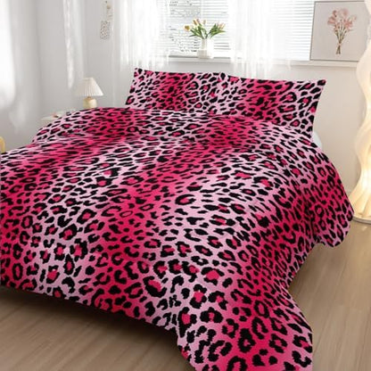 Nttopship Pink Leopard Print Comforter Bedding Set with 2 Pillowcase Queen Size Cheetah Painting Comforter Set for Kids Boys Girls Bedroom Decor