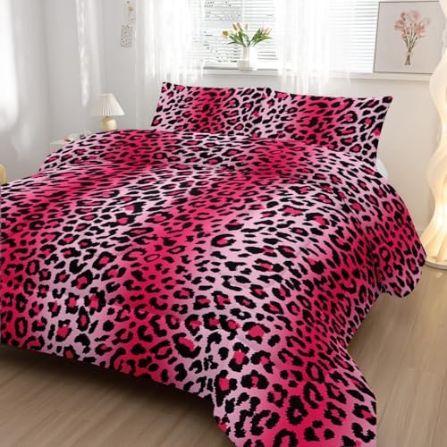 Nttopship Pink Leopard Print Comforter Bedding Set with 2 Pillowcase Twin Size Cheetah Painting Comforter Set for Kids Boys Girls Bedroom Decor