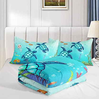 Turtle Comforter Set Twin Ocean Watercolor Sea Turtle Bedding Set Nautical Sea Animal Reptile Bed Set with 2 Pillowcases for Kids Room Decor