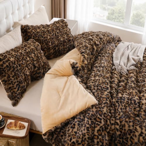YIKUSH Leopard Print Faux Fur Comforter Set, Fluffy Cheetah Comforter Full