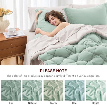MUXHOMO 5 Pieces Twin Comforter Set, Reversible Bed in a Bag Twin Size, All Season Bedding Set with Comforter, Flat Sheet, Fitted Sheet, Pillowcases & Shams, Sage Green & Beige