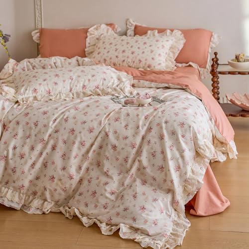 Vintage Floral Duvet Cover Set Queen, 100% Cotton Ruffle Lace Comforter Cover with 2 Pillowcases, Aesthetic Cottagecore Flower Duvet Cover with Zipper Closure, Romantic Girls Princess Bedding Set