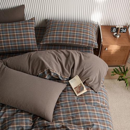 Vintage Buffalo Plaid Duvet Cover Queen Size,100% Washed Cotton Blue&Brown Plaid Checkered Comforter Cover with 2 Pillowcases, Farmhouse Grid Bedding Set Breathable Gingham Duvet Cover Set Queen