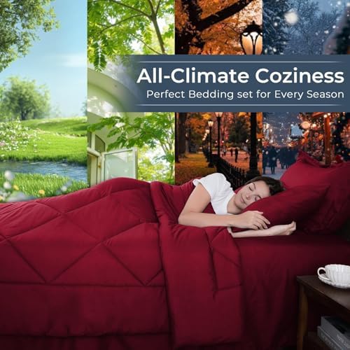 HEVUMYI 7-Piece King Comforter Set, Red Bed in a Bag