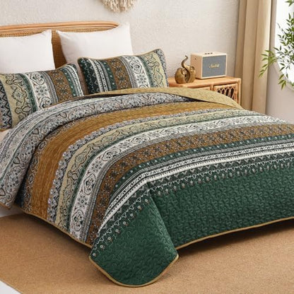 WONGS BEDDING Boho Quilt King Size,3 Pcs Bedspread Set, Brown Green