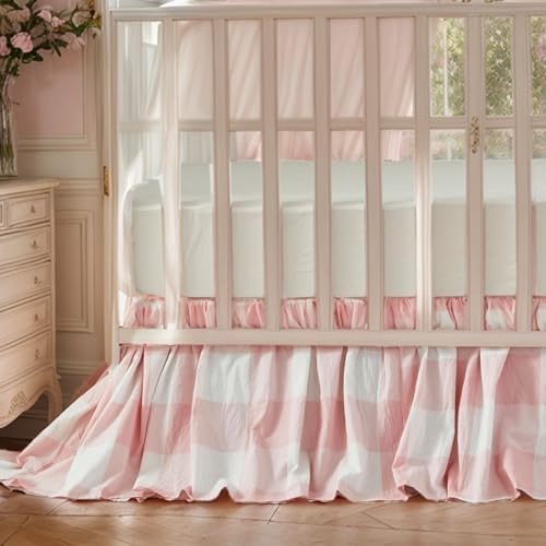 Brandream Gingham Gathered Crib Skirt, Baby Boy, Baby Girl, Gender Neutral Crib Skirt, 100% Cotton, 4-Sided, Light Pink Plaid Gingham Toddler Bedskirt Farmhouse Chic Nursery Crib Bed Skirt Dust Ruffle