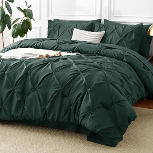 CozyLux Queen Comforter Set Forest Green, 7 Pieces Pintuck Bed in a Bag