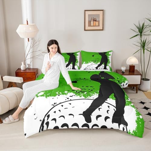 Erosebridal Golf Comforter,Golf Balls Bedding Sport Game Theme Bedding Sets & Collections Green Black White Comforter Twin 2pcs Boys Room Decorative Quilt Teens Adults Bedroom Decor