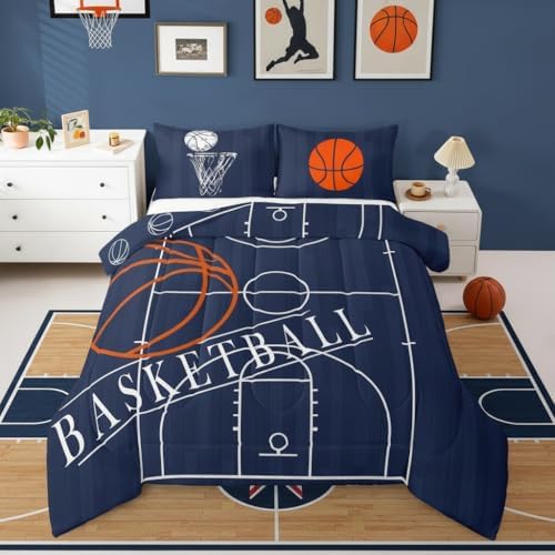 Erosebridal Kids Sports King Comforter Set for Boys - Basketball Bedding, Reversible Duvet Set, Court Quilted Comforter, Ball Game Print