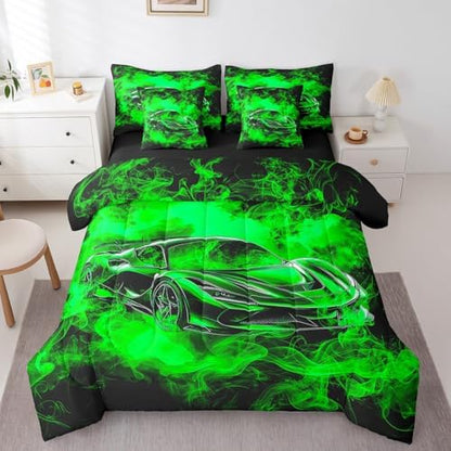 Feelyou Speed Sports Car Comforter Set with Sheets King Size Kids Smoky Race Car 7 Pieces Bedding Set for Boys Girls Teens Racing Car Bed in a Bag Breathable Extreme Sports Bed Set Black Green