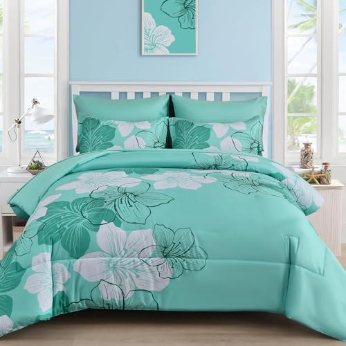 Luxudecor Aqua Comforter Set Full Size, 7 Pieces Floral Bed in a Bag