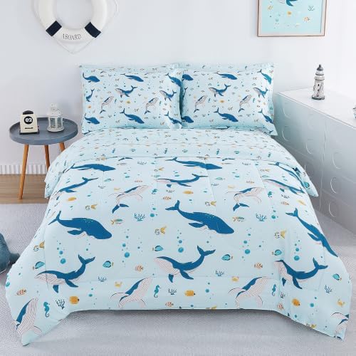 Viviland Kids Bedding Set Full Size Comforter Sets, Bed in Marine Whale Cover Set for Children