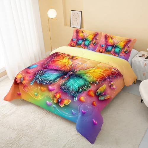 QOOMO Rainbow Butterfly Kids Comforter Set Twin Size