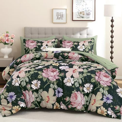 Luxudecor Floral Comforter Set-7 Pieces Bed in a Bag King,Pink Flowers Flower Print on Dark Green Bedding Set,Soft Microfiber Comforter with Sheets for All Seasons (Dark Green-Pink,104"x90")