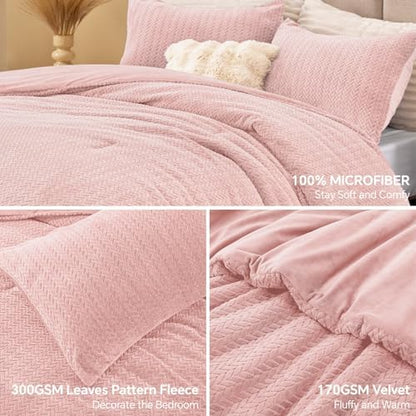 ChiXpace Fleece King Size Comforter Set Pink, Fluffy Bed Set 3 Pieces