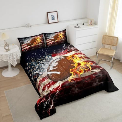 Boys American Football Comforter Set, United States Flag Down Comforter Queen Size, Soccer Sports Games Bedding Set for Kids Teens Adult Men, Geometric Stripes Retro Duvet Sets, Blue White and Red