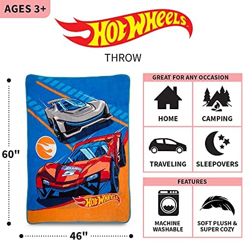 Franco Kids Bedding Super Soft Micro Raschel Throw, 46 in x 60 in, Hot Wheels