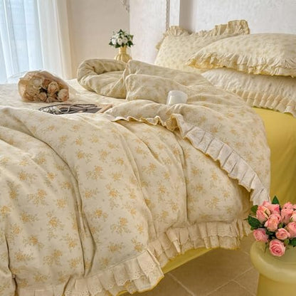 VM VOUGEMARKET Cream Duvet Cover Queen with Yellow Rose Flower Pattern Soft Muslin Cotton Bedding Set with Ruffles,Soft,Breathable Linen Like Gauze Comforter Cover with Zipper Closure 90"x90"