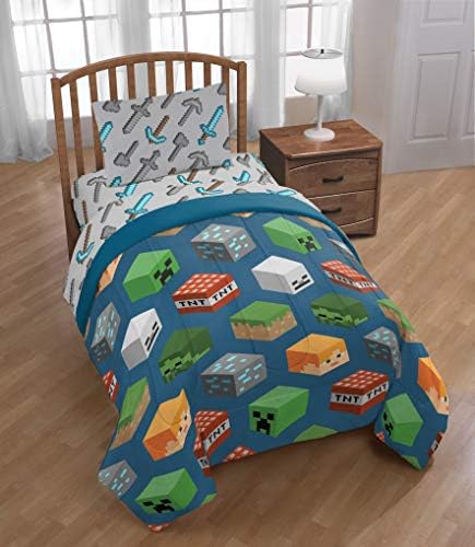 Jay Franco Kids Comforter - Soft and Cozy Bed for Stylish Room Decor, Official Licensed Product, Blue - Minecraft, Twin