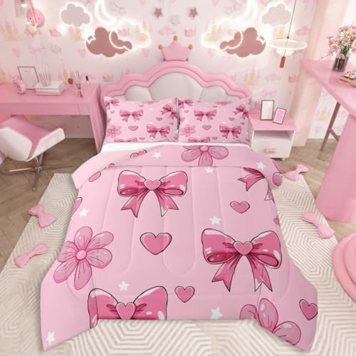 jejeloiu Pink Bow Kids Comforter Set Full Size Bowknot Bedding Set Butterfly Bowknot Duvet Quilt for Kids Boys Girls Bedroom Pink Decor Microfiber Ultra Soft Breathable