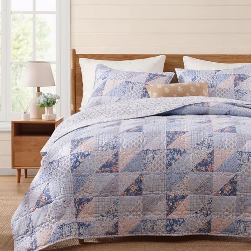 Queen Quilt Set-3 Pieces Soft Bedding Lightweight Floral Patchwork Coverlet