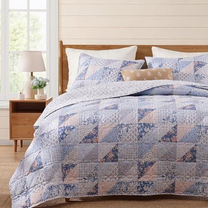Queen Quilt Set-3 Pieces Soft Bedding Lightweight Floral Patchwork Coverlet