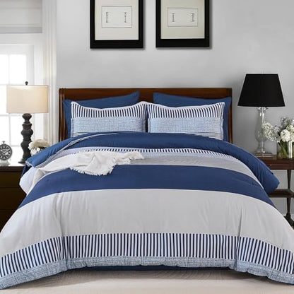 Cottolester Full Size Comforter Navy Blue Striped Comforters for Boys&Girls,7 Pieces Bed in A Bag Simple Neutral-Style Bedding Sets for Kids Teen