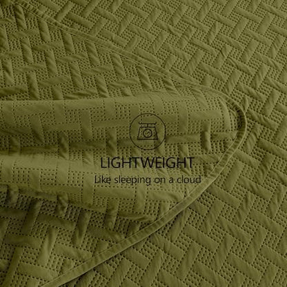 FLYMME Quilts King Size,Lightweight Olive Green Bedspreads,Basket Weave Pattern,Ultra Soft Microfiber Bed Coverlet 3 Pieces for All-Seasons (1 Quilt,2 Shams)