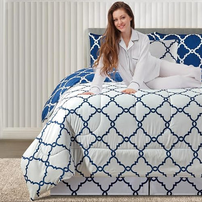 LUX Décor Reversible 5pc Queen Comforter Set, Printed Bedding Set, All-in-One Bed in a Bag, Includes 1 Comforter, 2 Pillow Shams, 1 Decorative Pillow & 1 Bed Skirt (Quatrefoil Navy,Queen)