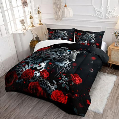 CCoutueChen Leopard Comforter Set Queen Red Black Cheetah Print Bedding