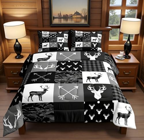 Camo Deer Comforter Set King Size,Western Rustic Farmhouse Xmas Bedding Set,Kids Boys Girls Room Decor,Antlers Arrows Geometric Plaids Comforter,Black Grey Retro Duvet Insert,3pcs,2 Pillowcases