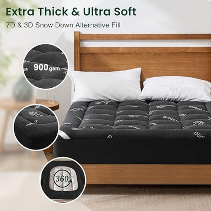 Love's cabin Queen Mattress Topper Viscose Derived from Bamboo, Thick Pillow Top Mattress Pad with Stretchable Pockets for 8"-20" Mattress, Breathable Cooling Mattress Topper for Hot Sleepers, Black