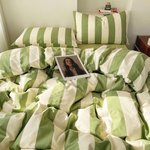 LifeTB Striped Comforter Set Twin XL Fluffy Soft Modern Style Green White Stripes Pattern Printed Bedding Set 3 Pieces Retro Striped Comforter with 2 Pillowcases Cozy Lightweght Bedding Comforter Set