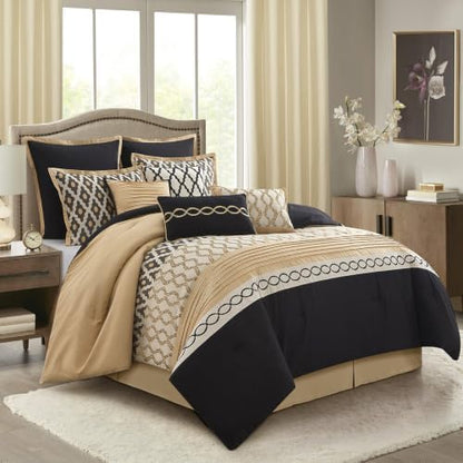 LANCO MODERN LIFESTYLE 12 Pieces Black Gold California King Comforter Set