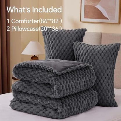 BEDELITE Fluffy Full Size Comforter Set, Dark Grey Fleece Bed Set 3 Pieces