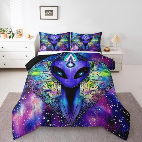 Erosebridal Trippy Alien Comforter Set King, Boho Tie Dye Bedding Sets for Kids Teens Adult Galaxy Outer Space Down Comforter Psychedelic Hippie Skull Duvet Sets 3 Pieces with 2 Pillow Cases