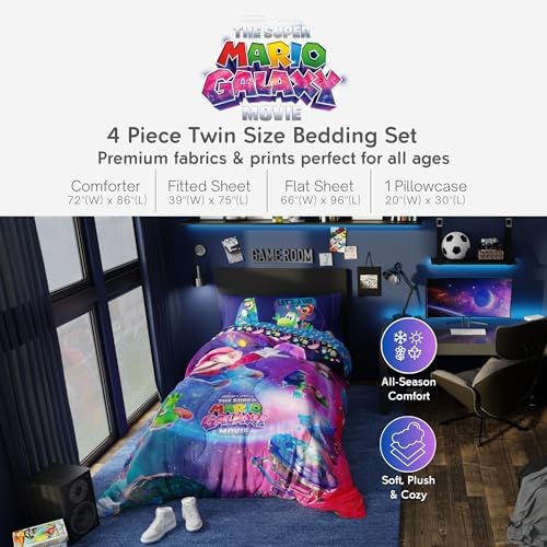 The Super Mario Galaxy Movie Bedding Set, Twin Size 4 Piece Kids Super Soft Cozy Reversible Comforter and Sheet Set, (Officially Licensed Product) By Franco