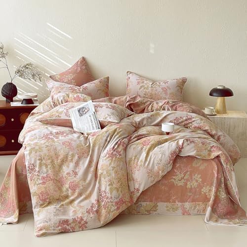 VM VOUGEMARKET Pastoral Double Layer Gauze Cotton Duvet Cover Set – Peach Blush Floral Jacquard,Cozy Reversible Vintage Bedding Set King Size
