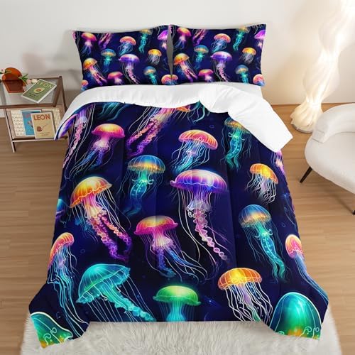 Colorful Jellyfish Queen Size Comforter Set with 2 Pillowcases.